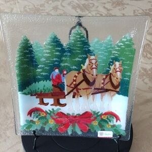 Christmas Two Horse Sleigh Peggy Karr 10" Square Fused Glass Plate *RARE*